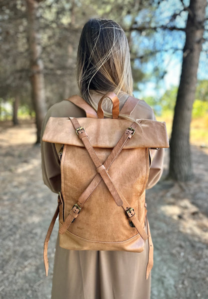 MOCHILA GRANDE DE CUERO VINTAGE MARRÓN TEJA OSCURO | 3 colores