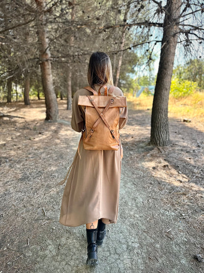 MOCHILA GRANDE DE CUERO VINTAGE MARRÓN TEJA OSCURO | 3 colores