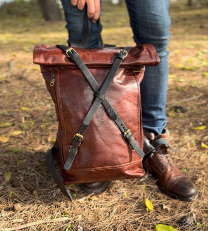 MOCHILA GRANDE DE CUERO VINTAGE MARRÓN TEJA OSCURO | 3 colores
