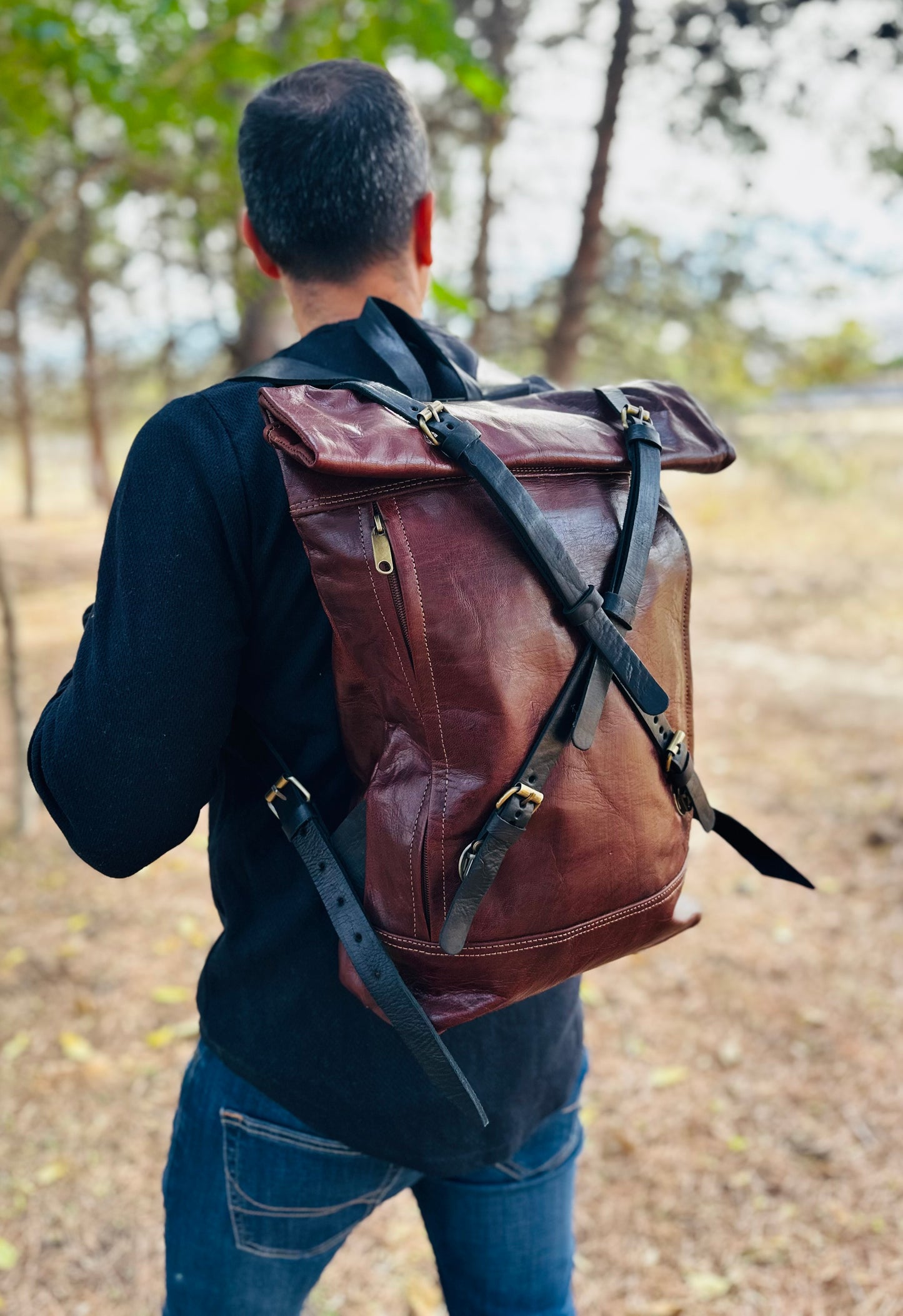 MOCHILA GRANDE DE CUERO VINTAGE MARRÓN TEJA OSCURO | 3 colores