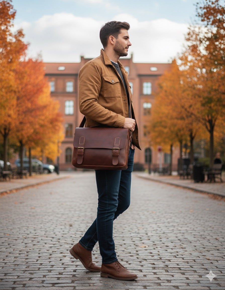 MEN'S VINTAGE LEATHER COMPUTER BRIEF WITH SHOULDER STRAP | 2 colors