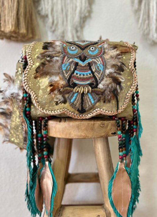 BOLSA DE COURO ÉTNICA BOHO OWL 