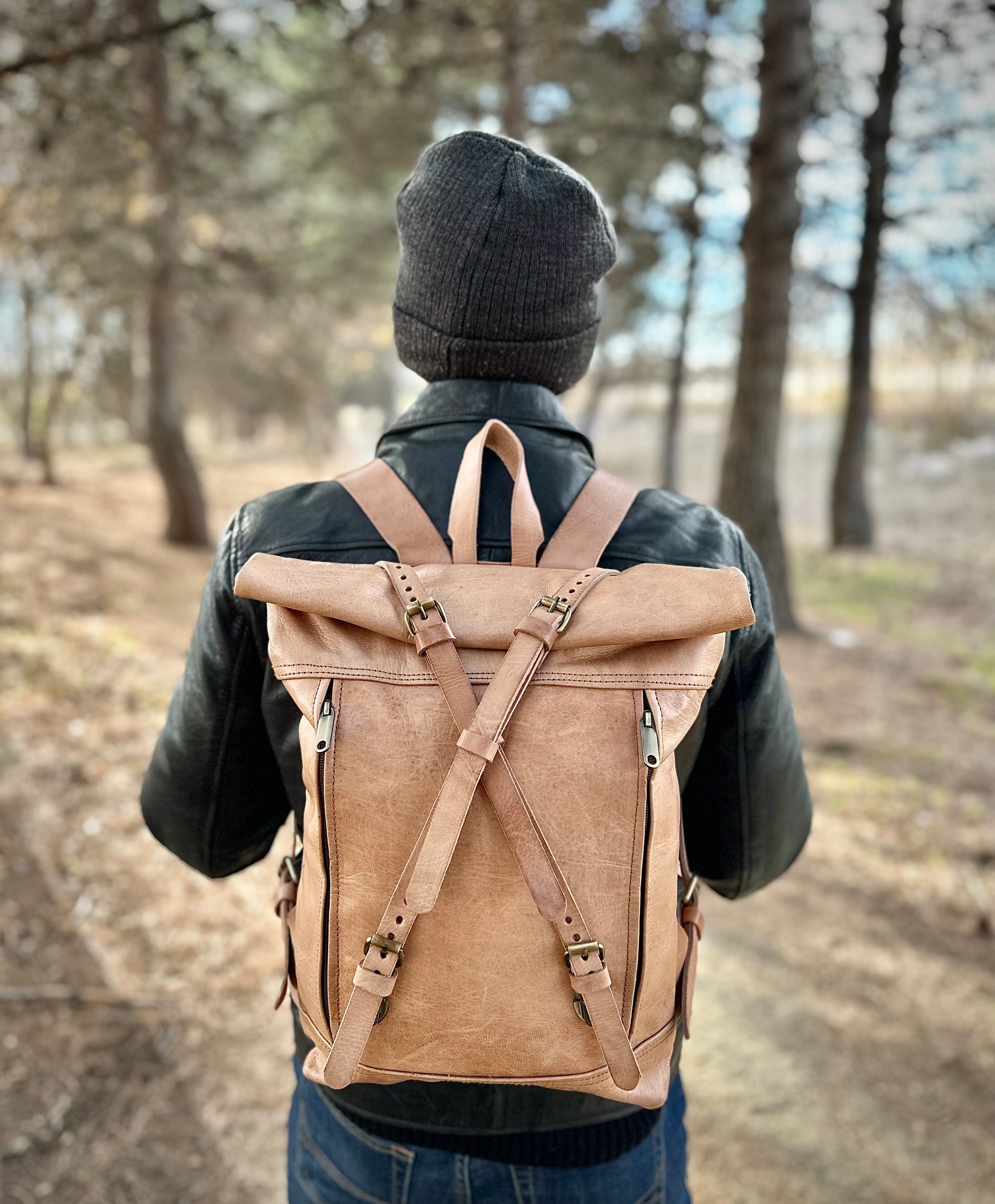beige leather backpack men MEDIUM VINTAGE GENUINE LEATHER BACKPACK